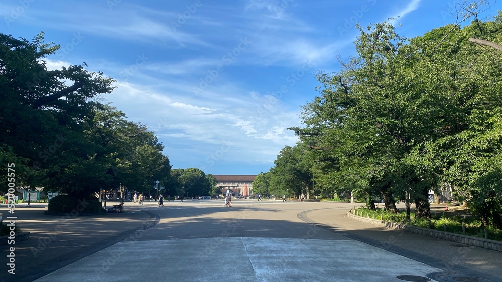 The open path at park Ueno that leads to the museum, sunny July 28th, year 2022 Tokyo Japan The open path at park Ueno that leads to the museum, sunny July 28th, year 2022 Tokyo Japan