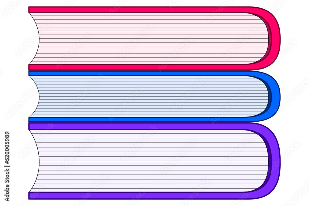 Three books symbol from the side with purple, blue and pink cover Three books symbol from the side with purple, blue and pink cover