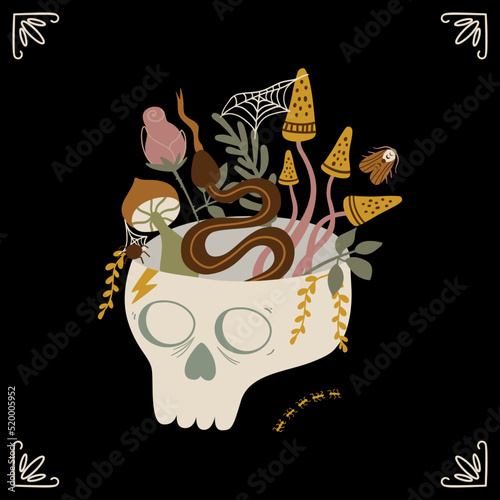 Human skull head as vase with flowers, mushrooms, Funny gothic concept dark academia. Mystical isolated element. Witchcraft vector illustration. Cute mystery human skull head gothic. Mystery sticker.