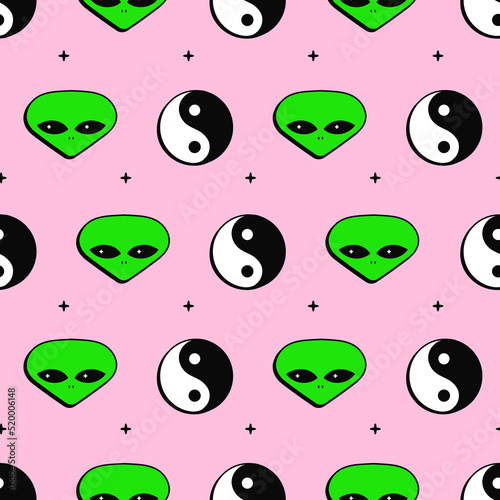 Yin Yang and alien face seamless pattern.Vector cartoon character illustration icon design.Yin Yang,alien face,ufo seamless pattern wallpaper concept