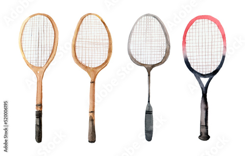 Set of watercolor tennis rackets - white.red and black.