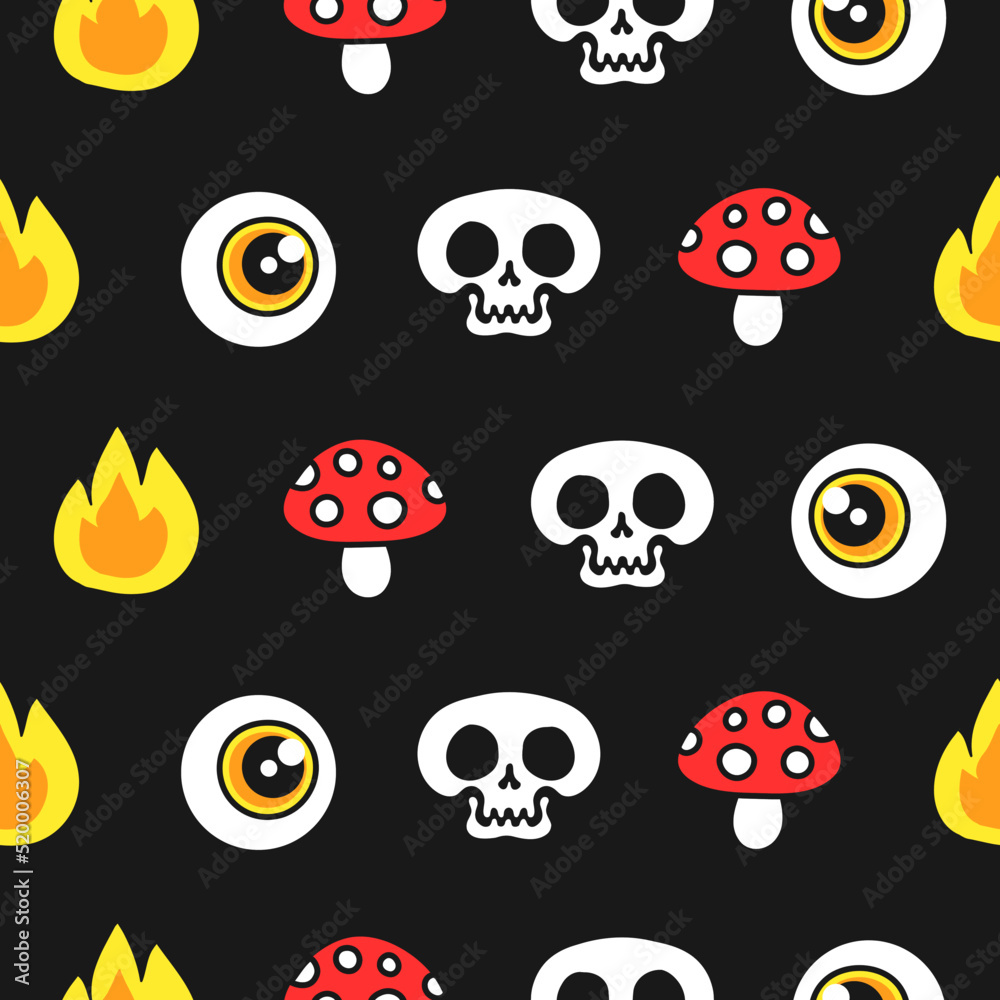 Skull,amanita mushroom,eye and flame seamless pattern,wallpaper.Vector hand drawn cartoon character illustration.Skull,fire,flame,eye,amanita mushroom seamless pattern wallpaper print Skull,amanita mushroom,eye and flame seamless pattern,wallpaper.Vector hand drawn cartoon character illustration.Skull,fire,flame,eye,amanita mushroom seamless pattern wallpaper print