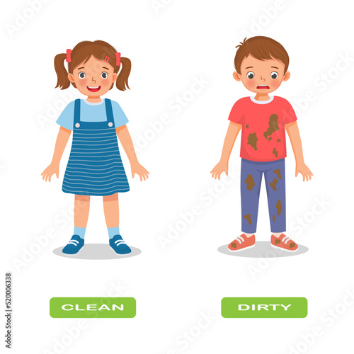 Opposite adjective antonym clean and dirty words illustration of kids clothes explanation flashcard with text label