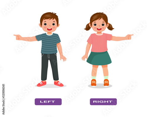 Opposite adjective antonym left and right words illustration of kids pointing  fingers explanation flashcard with text label photo