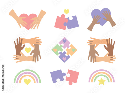 Set of signs and symbols of friendship - joined hands, hearts, puzzle elements. International friendship day. Mutual understanding or assistance, love, help and support concept between people, friends