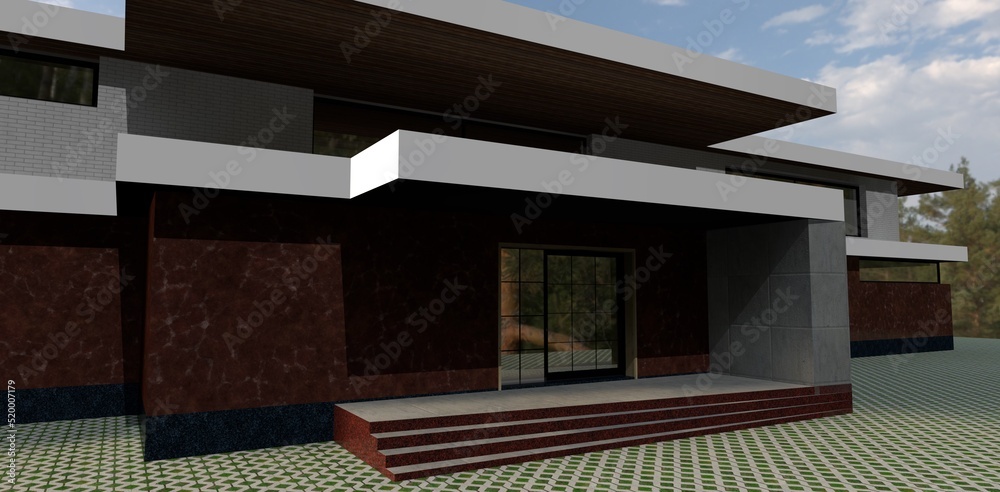 Front entrance to a luxurious house. The walls are Rosso marble. Finishing the porch with concrete. The ends of the steps are red granite. 3d render. Front entrance to a luxurious house. The walls are Rosso marble. Finishing the porch with concrete. The ends of the steps are red granite. 3d render.