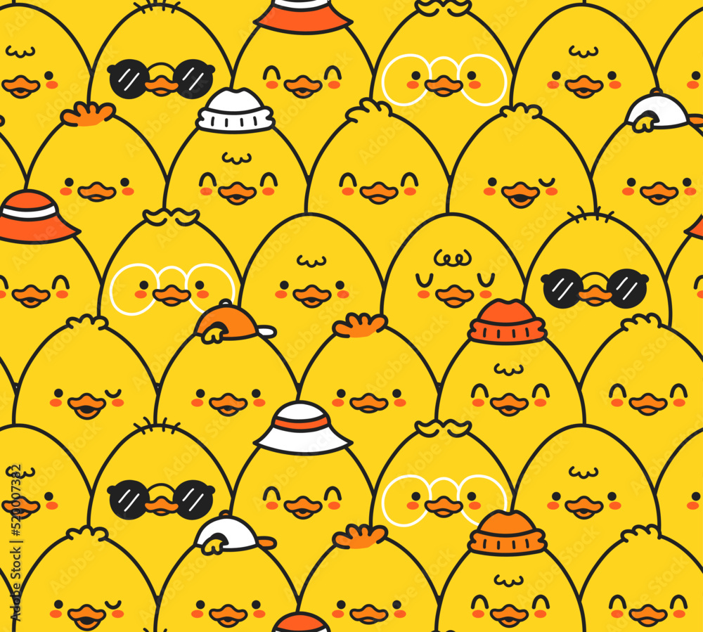 Cute funny ducks seamless pattern,wallpaper,background.Vector hand drawn  doodle cartoon kawaii character illustration logo. Cute happy ducks cartoon  kawaii seamless pattern art concept Stock Vector