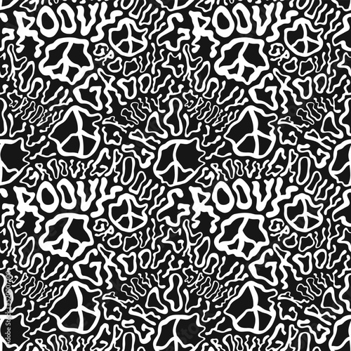 Deformed wavy groovy word and peace sign seamless pattern wallpaper.Vector graphic character illustration.Groovy,trippy lettering,lsd,acid,60s,70s,psychedelic seamless pattern wallpaper print concept