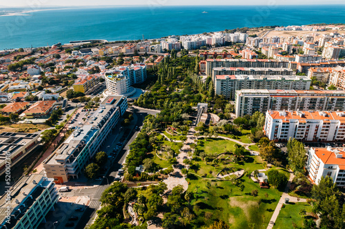 Lisbon, Portugal - July 29, 2022: Aerial drone view of Parque dos Poetas in Oerias, translated to Poet's Park photo