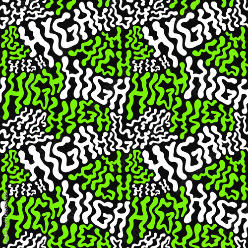 Deformed wavy high word seamless pattern wallpaper.Vector graphic character illustration.420 trippy lettering,weed,rasta,cannabis,marijuana,high seamless pattern wallpaper print concept