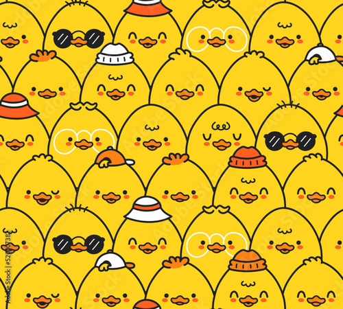 Cute funny ducks seamless pattern,wallpaper,background.Vector hand drawn doodle cartoon kawaii character illustration logo. Cute happy ducks cartoon kawaii seamless pattern art concept