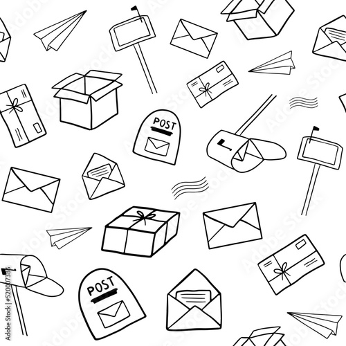 Seamless pattern with Hand drawn doodle mail or delivery elements. Open mailbox with letter, mailbox. Set of postal objects
