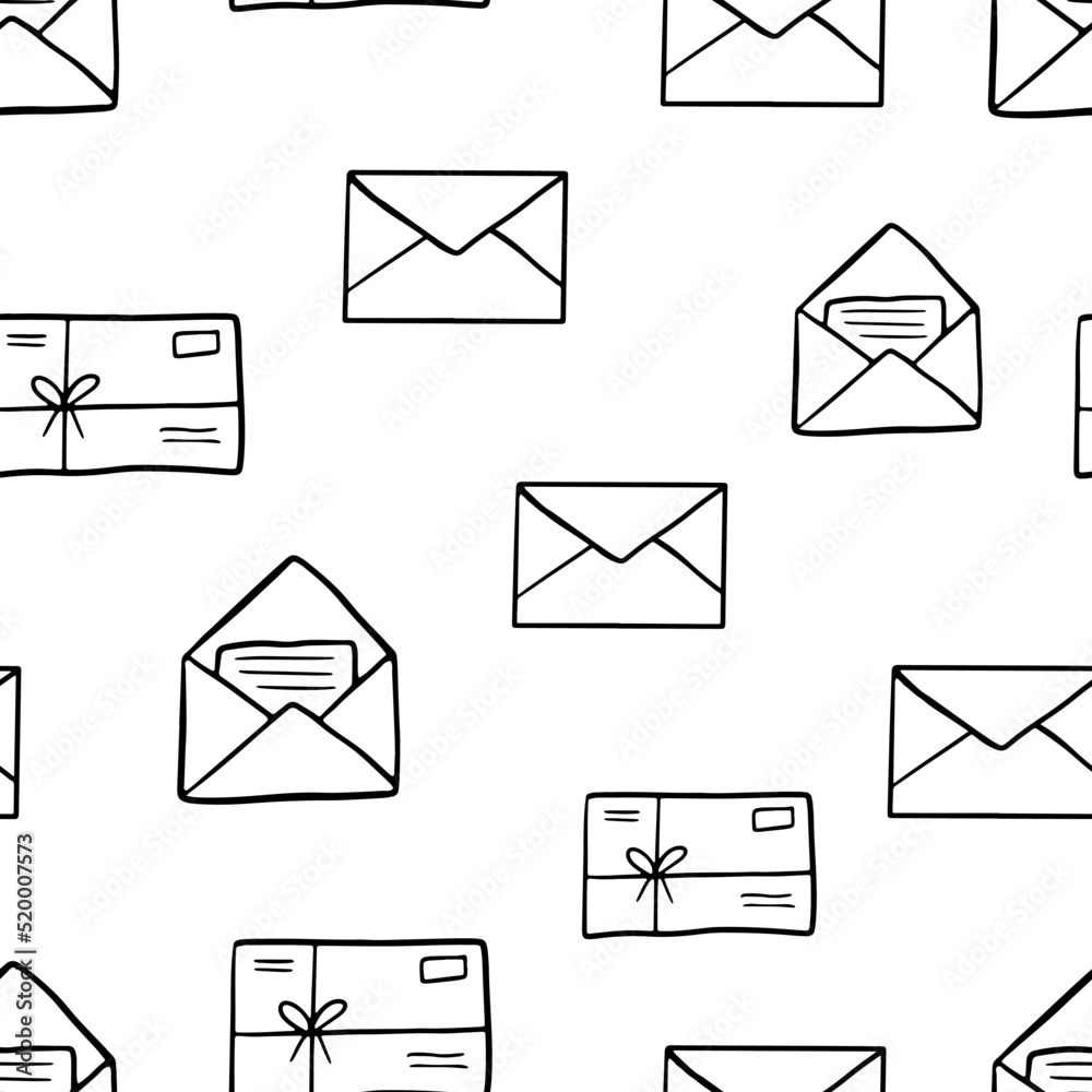 Seamless pattern with Hand drawn doodle mail. Open envelope with letter and envelope with stamp Seamless pattern with Hand drawn doodle mail. Open envelope with letter and envelope with stamp
