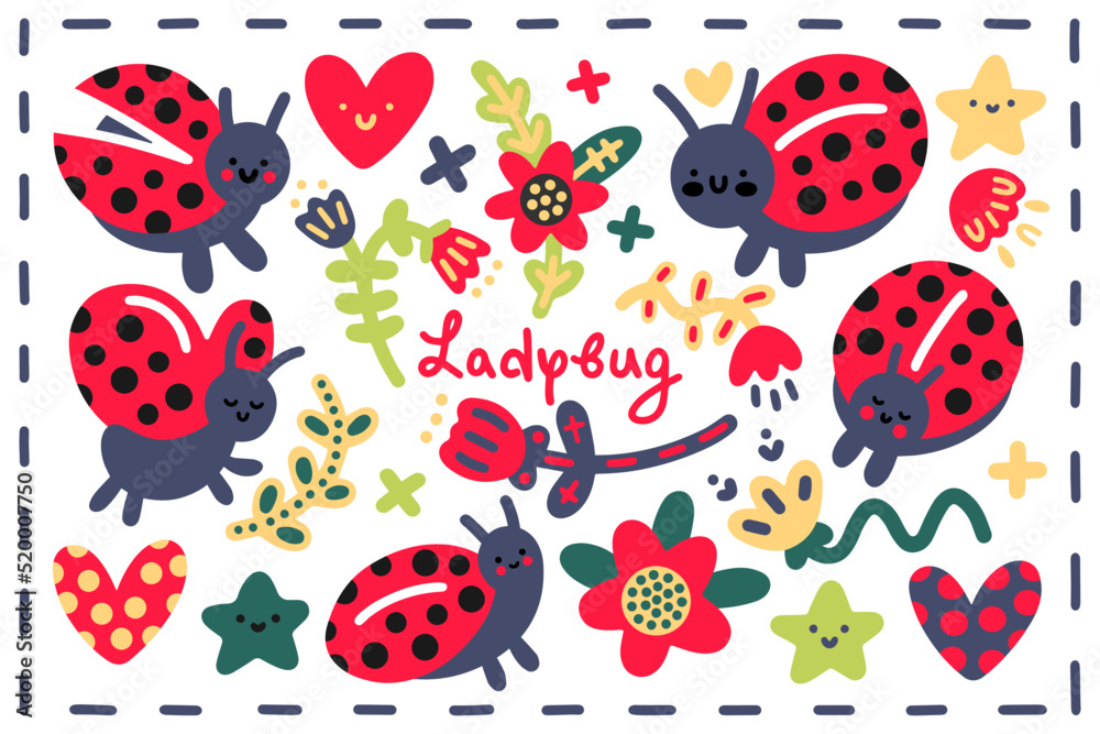 Fototapeta premium Big summer vector collection in scandinavian style. Charming kawaii ladybugs with flowers, twigs, hearts and stars for babies, decor, textiles, prints, posters, patterns, decor, postcards, interior