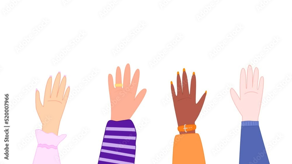 Animation and motion graphic. Drawn hands of men and women appear and start waving in greeting on a white background Animation and motion graphic. Drawn hands of men and women appear and start waving in greeting on a white background