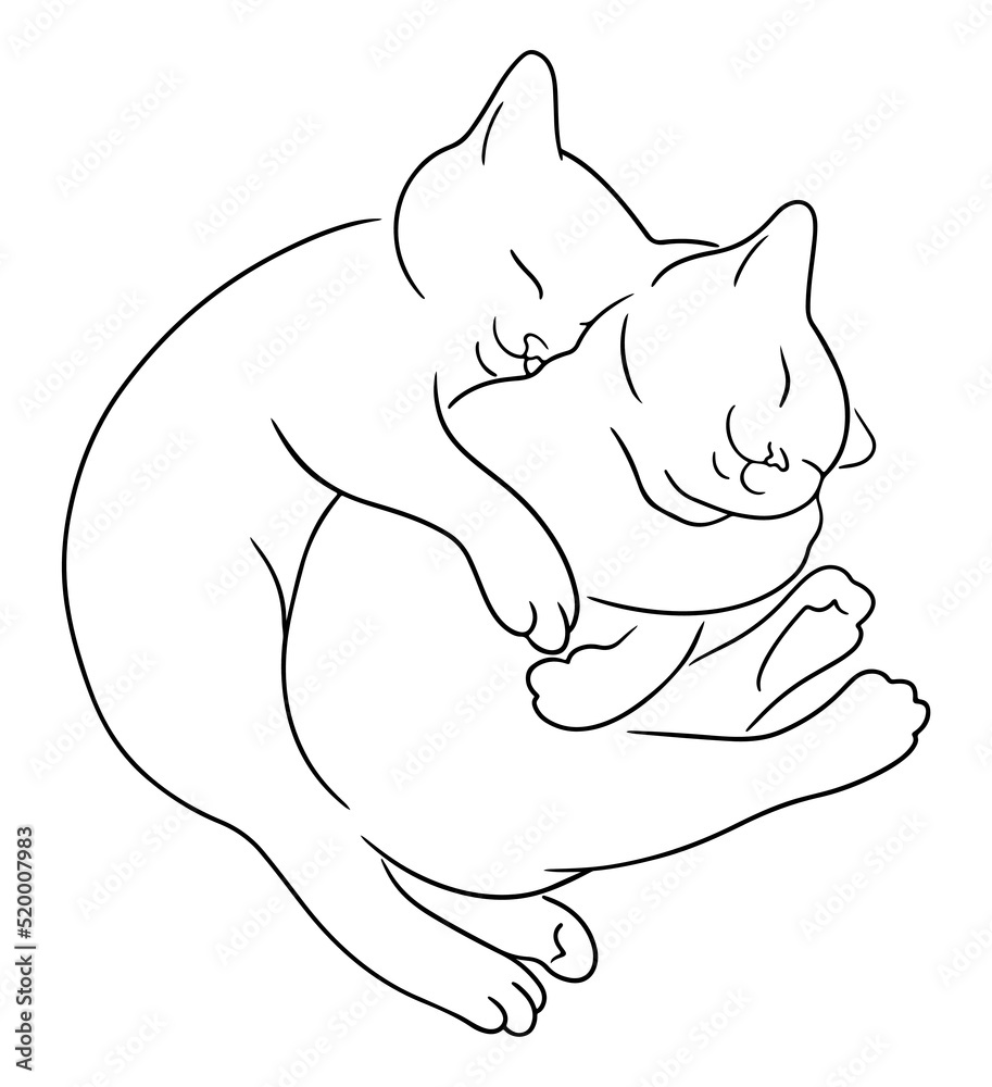 Two cats cuddle and sleep together. Line art sketch of sleeping kittens hug each other. Pets