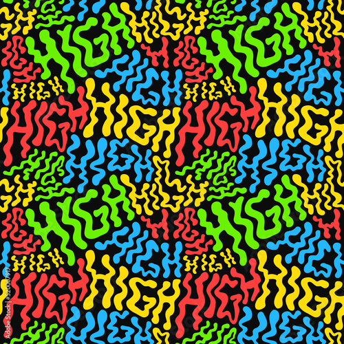 Deformed wavy high word seamless pattern wallpaper.Vector graphic character illustration.420 trippy lettering,weed,rasta,cannabis,marijuana,high seamless pattern wallpaper print concept