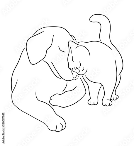 Cat and dog cuddle. Cat rubs against a dog. Line art sketch of kitten and dog. Pets friendly concept