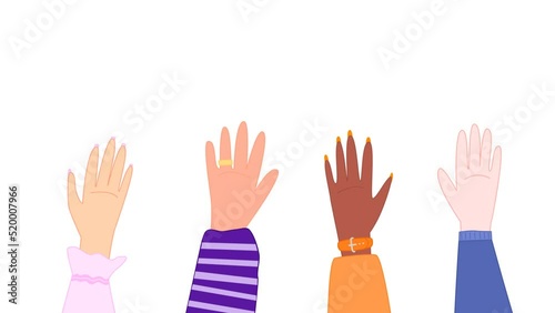 Animation and motion graphic. Drawn hands of men and women appear and start waving in greeting on a white background