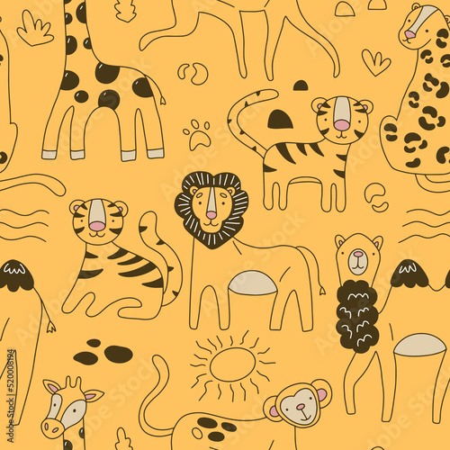 Seamless pattern of cute African animals: giraffe, monkey, tiger, lion, cheetah, camel and africa motifs. Vector illustration on a yellow background for your design