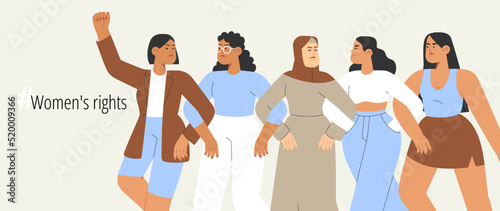 Break the bias. Flat vector illustration with group of women of different nationalities stand up for women's rights. Concept of gender equal. International women's day or women's history month.