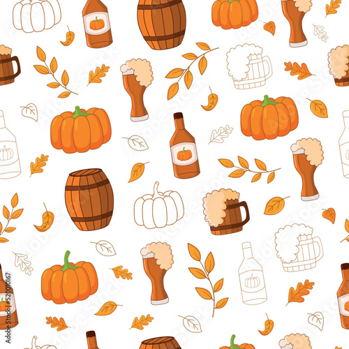 Seamless autumn texture with pumpkin ale, mugs, bottles, barrels, pumpkins and leaves.