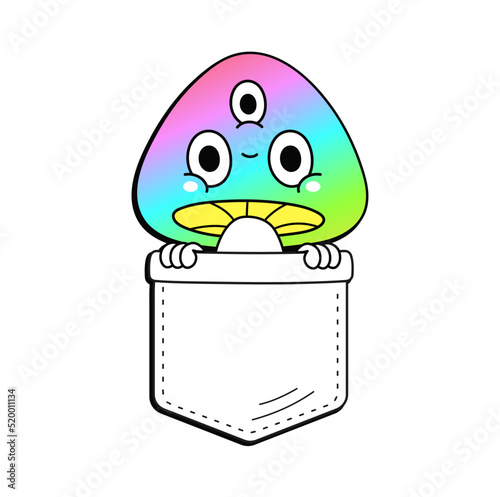 Magic psilocybin mushroom in pocket,t-shirt print.Vector cartoon doodle line style character logo illustration design. Magic trippy mushrooms print for t-shirt pocket,clothing concept