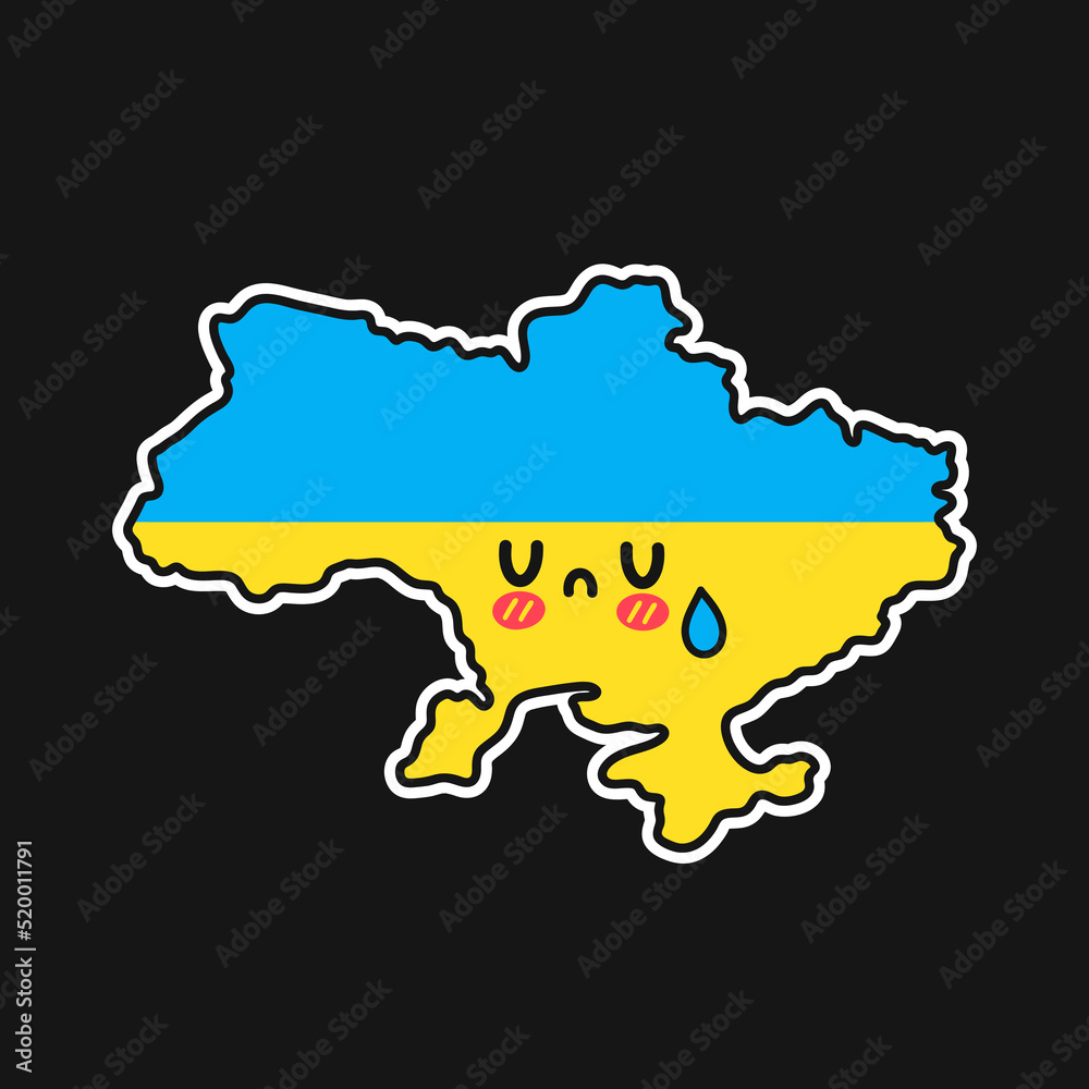 Sad cry funny Ukraine map and flag character. Vector flat line cartoon kawaii character illustration icon. Ukraine cry concept