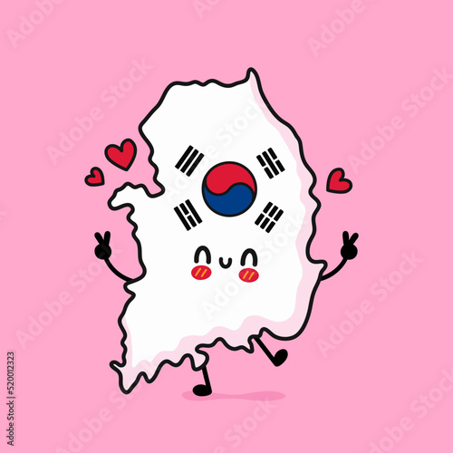 Cute funny smiling happy South Korea map and flag character. Vector cartoon character illustration icon design. South Korea map outline concept