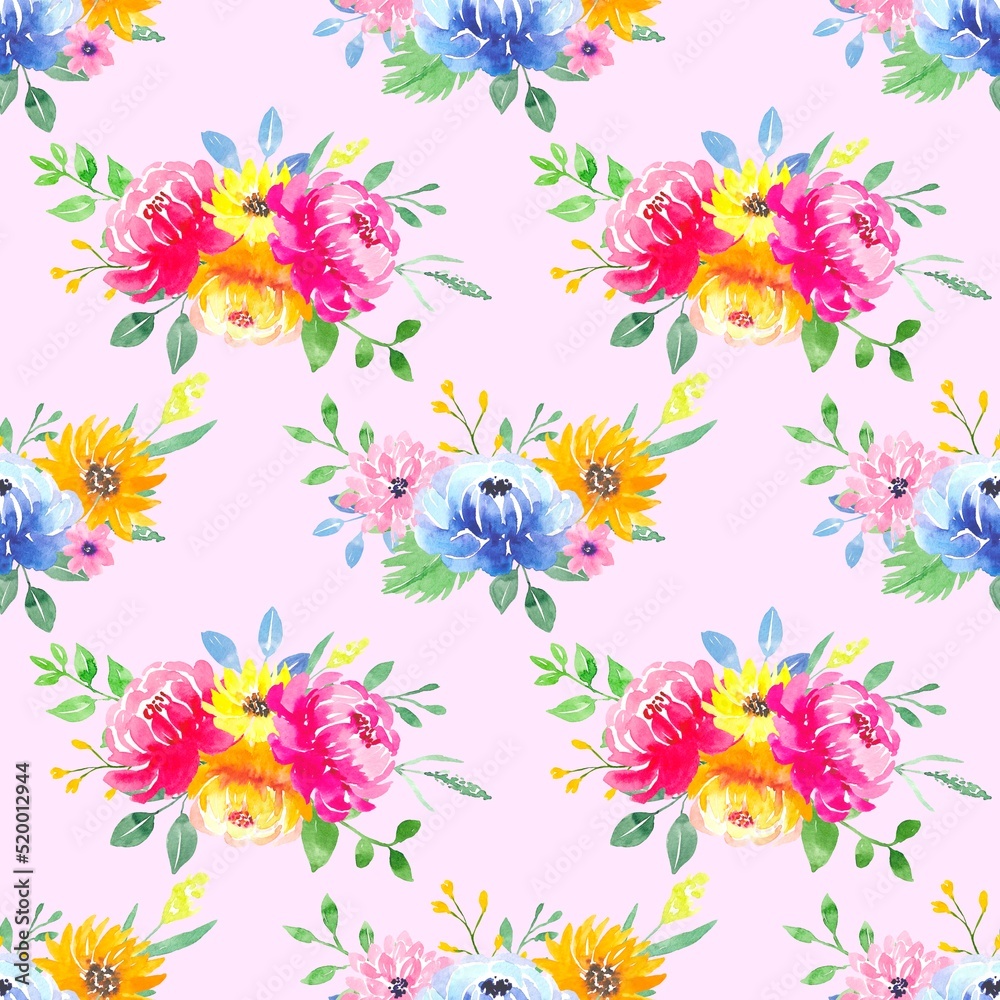 Floral seamless pattern with colorful bouquets on a pink background