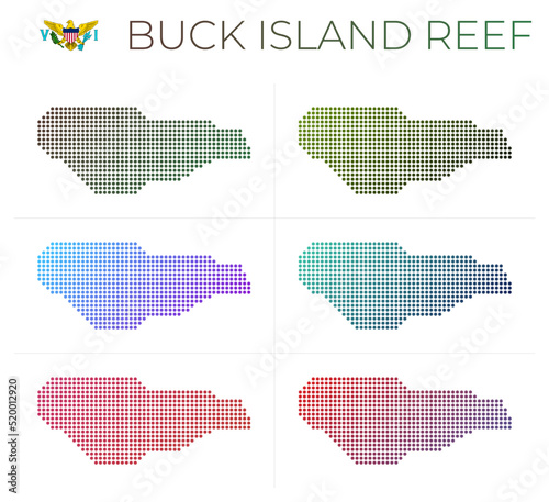 Buck Island Reef dotted map set. Map of Buck Island Reef in dotted style. Borders of the island filled with beautiful smooth gradient circles. Artistic vector illustration.