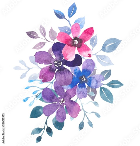 Composition of watercolor purple flowers on white background