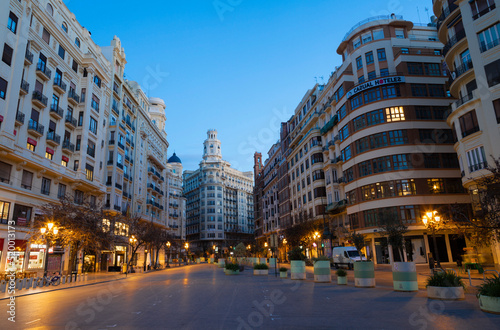 VALENCIA, SPAIN - FEBRUARY 16, 2022: The Ayuntamiento Square at dusk.