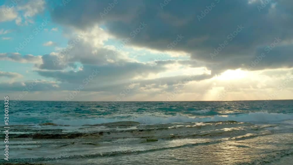 Drone flies over the sea with a beautiful sunset Drone flies over the sea with a beautiful sunset