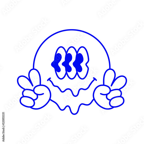 Smile face with peace hippie gesture t-shirt print. Vector hand drawn cartoon character illustration.Smile emoji face, peace gesture print for t-shirt,poster,sticker,logo concept