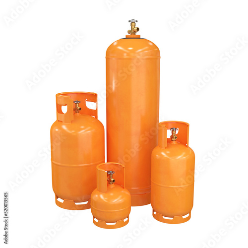 A group of gas cylinders of different sizes in orange, 3d render