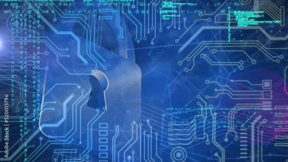 Animation of programming code moving against graphical padlock and electronic circuit board