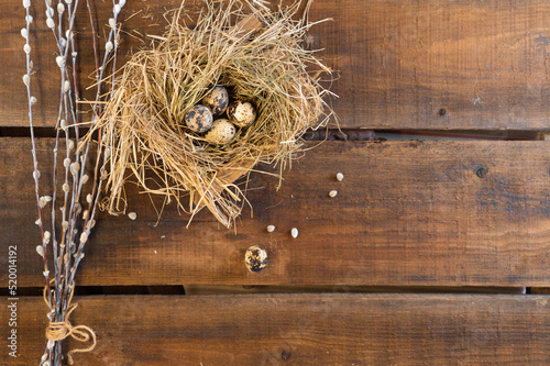 Quail eggs in a nest on an antique brown tablecloth. High quality photo
