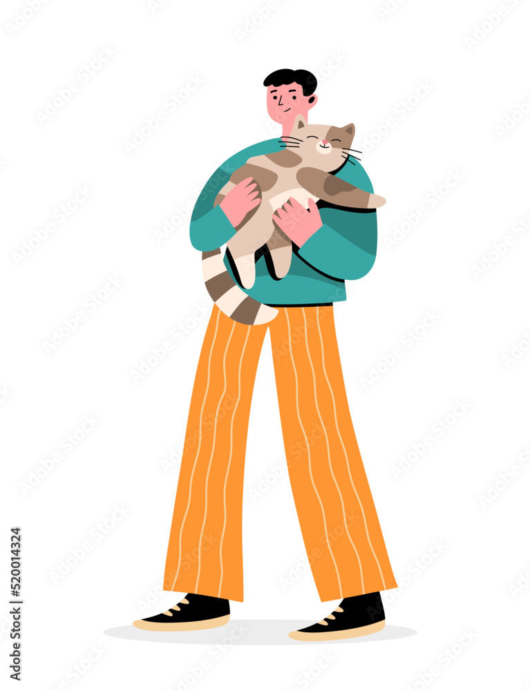 Happy character holding and hugging a cat. Concept of love and care. Cat day. Full length male character with a pet. Flat hand drawn cartoon vector illustration