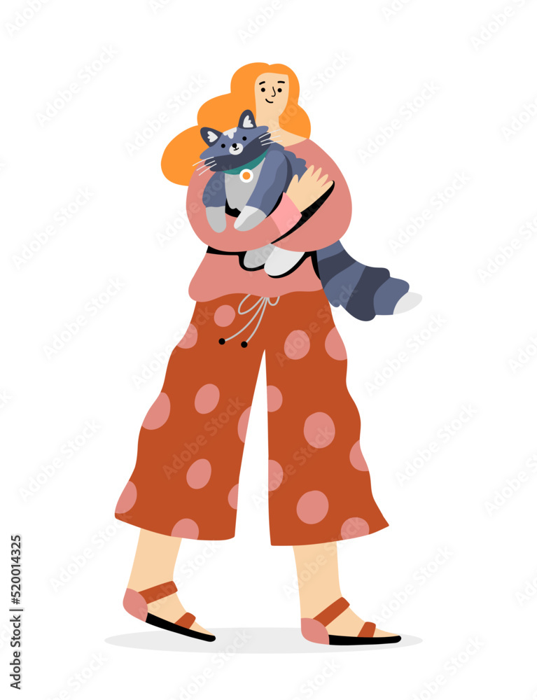 Happy character holding and hugging a cat. Concept of love and care. Cat day. Full length female character with a pet. Flat hand drawn cartoon vector illustration