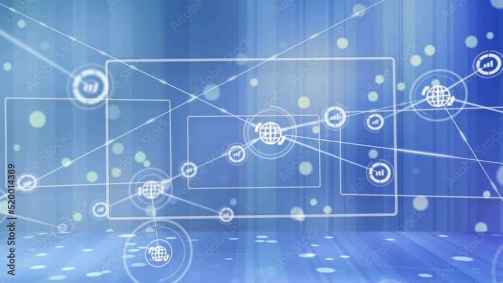 Animation of network of connections with icons over blue background