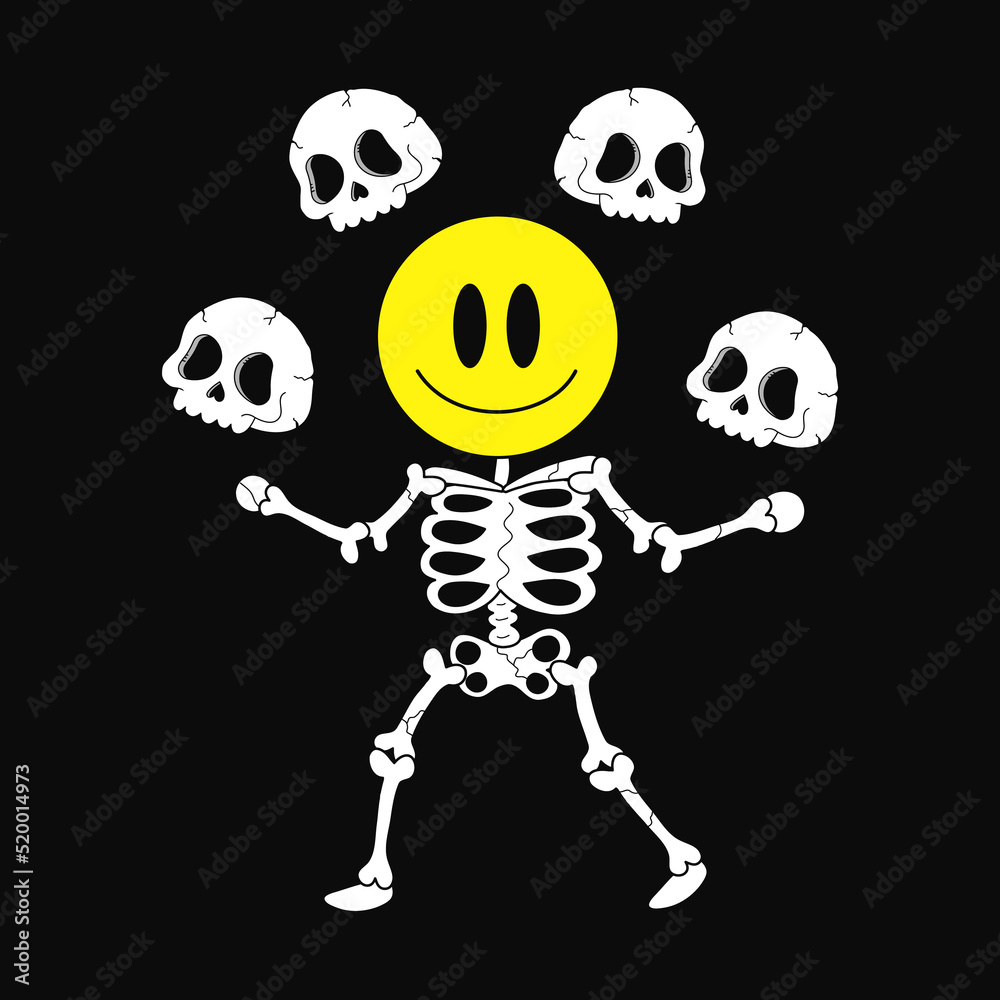 Skeleton with smile face t-shirt print. Vector doodle line cartoon character illustration. Trip ...