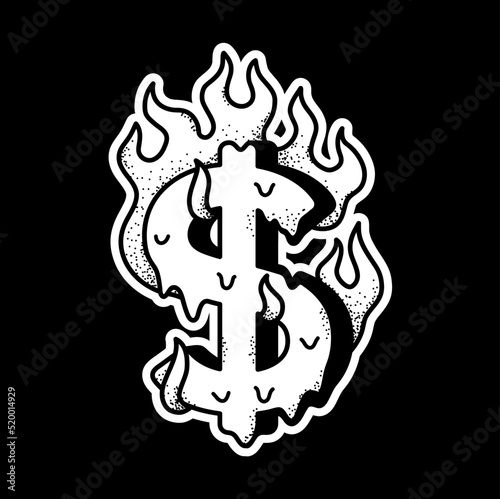 Dollar symbol burn in fire t-shirt print.Vector cartoon graphic illustration logo design.Money,dollar,fire print for poster,t-shirt,logo concept photo