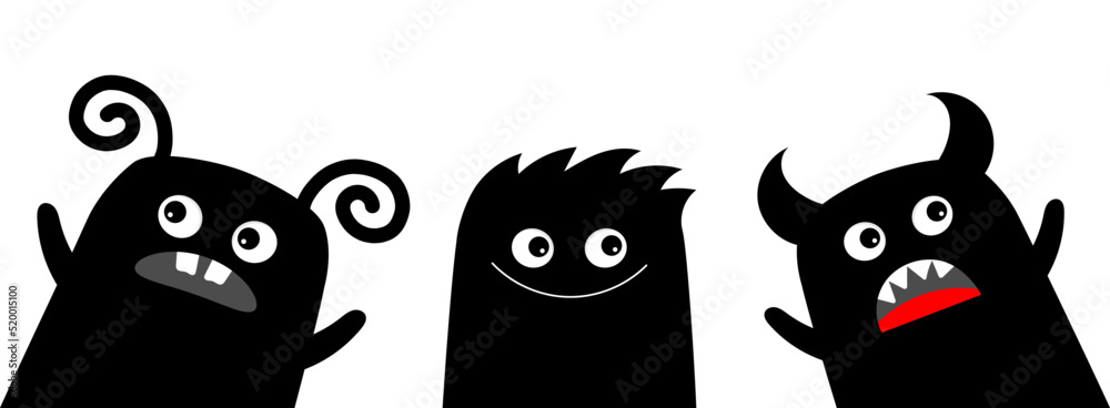 Three monster icon set in the corner. Happy Halloween. Line banner. Cute cartoon kawaii baby character. Eyes teeth fang tongue. Funny face head black silhouette. Flat design. White background. Three monster icon set in the corner. Happy Halloween. Line banner. Cute cartoon kawaii baby character. Eyes teeth fang tongue. Funny face head black silhouette. Flat design. White background.