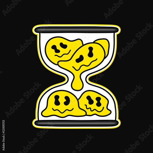 Funny melt smile face in hourglass. Vector hand drawn doodle 90s style cartoon character illustration. Trippy smile face, sand hourglass print for t-shirt,poster,card,patch,logo concepе