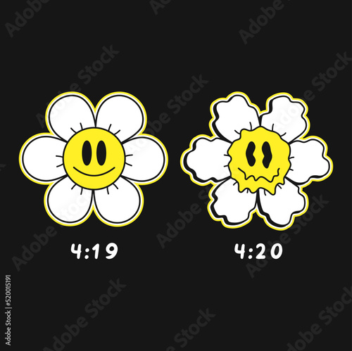 Funny trippy melt smile flower face.4:20 marijuana emoji,weed,cannabis print poster,t-shirt,sticker art.Vector drawn cartoon character illustration 420 t-shirt,tee,poster graphic trippy cartoon art