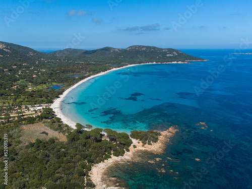 Aerial view of palombaggia Beach in Corsica near Porto Vecchio, France