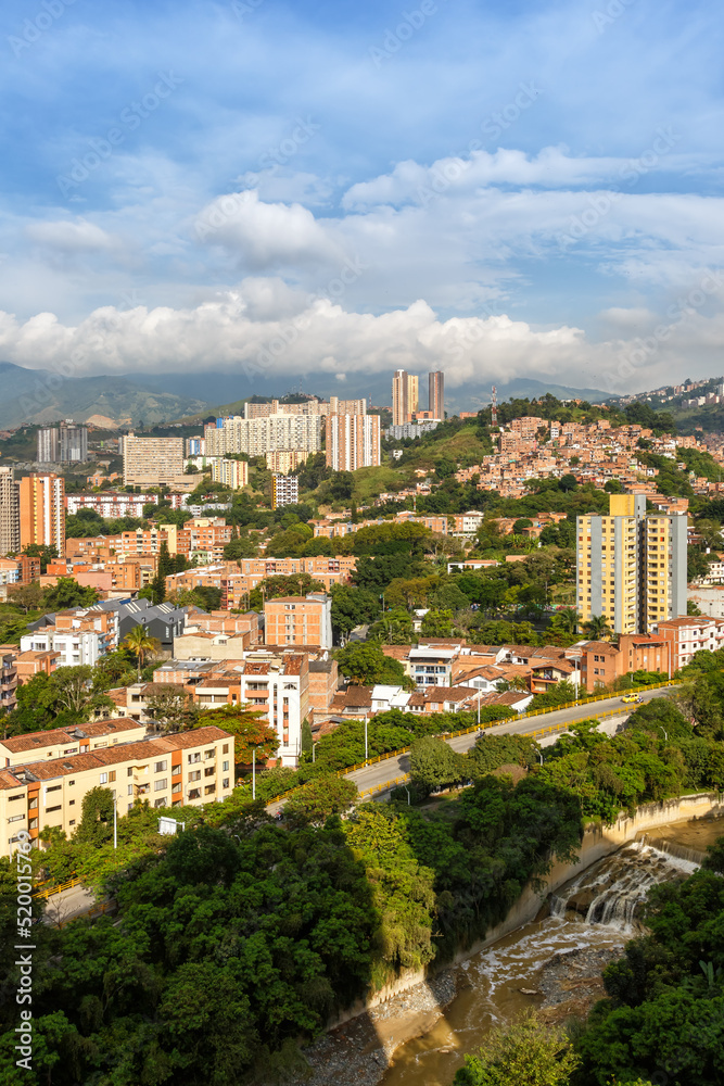 Medellin town city travel portrait format view on Robledo and Los Colores districts in Colombia