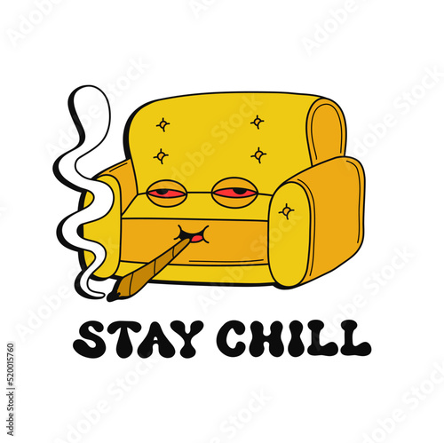 Cute funny sofa smoke weed joint. Stay chill slogan quote. Vector kawaii line cartoon style illustration.Cute smile face sofa,couch,high,marijuana.cannabis print design for t-shirt,poster,card concept