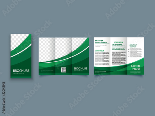 Green trifold brochure with waves. professional trifold brochure template, promotional brochure template